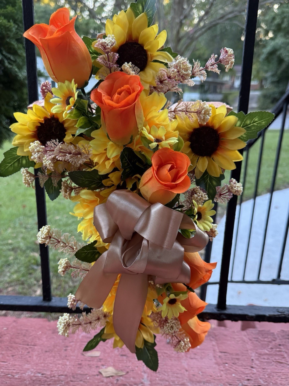 Cemetery Memorial Cross Silk Flower Arrangement Yellow & Orange