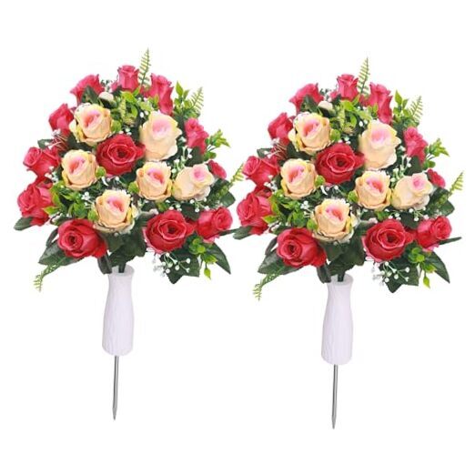Artificial Cemetery Flowers,Set of 2 Grave Decorations Roses, Red & Beige