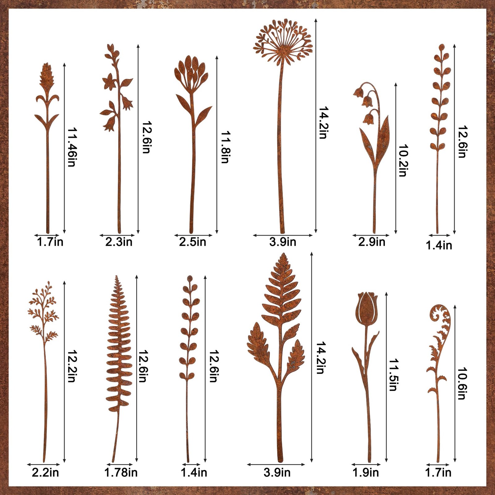 12 Pcs Rusty Metal Flower Garden Stakes for Outdoor Plant Decoration