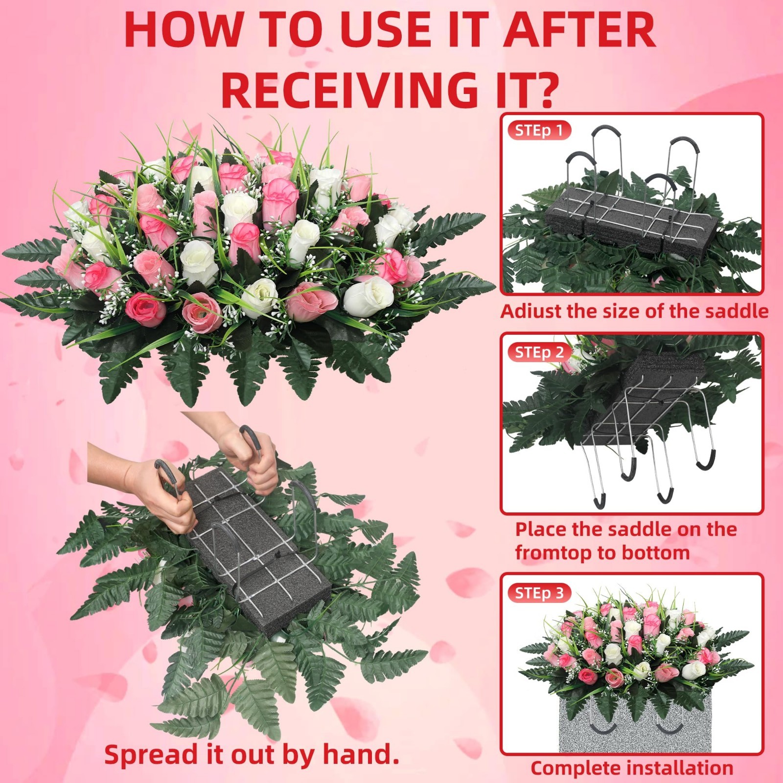 Cemetery Flowers for Grave Decoration – Headstone Flower Saddle (Pink & White)