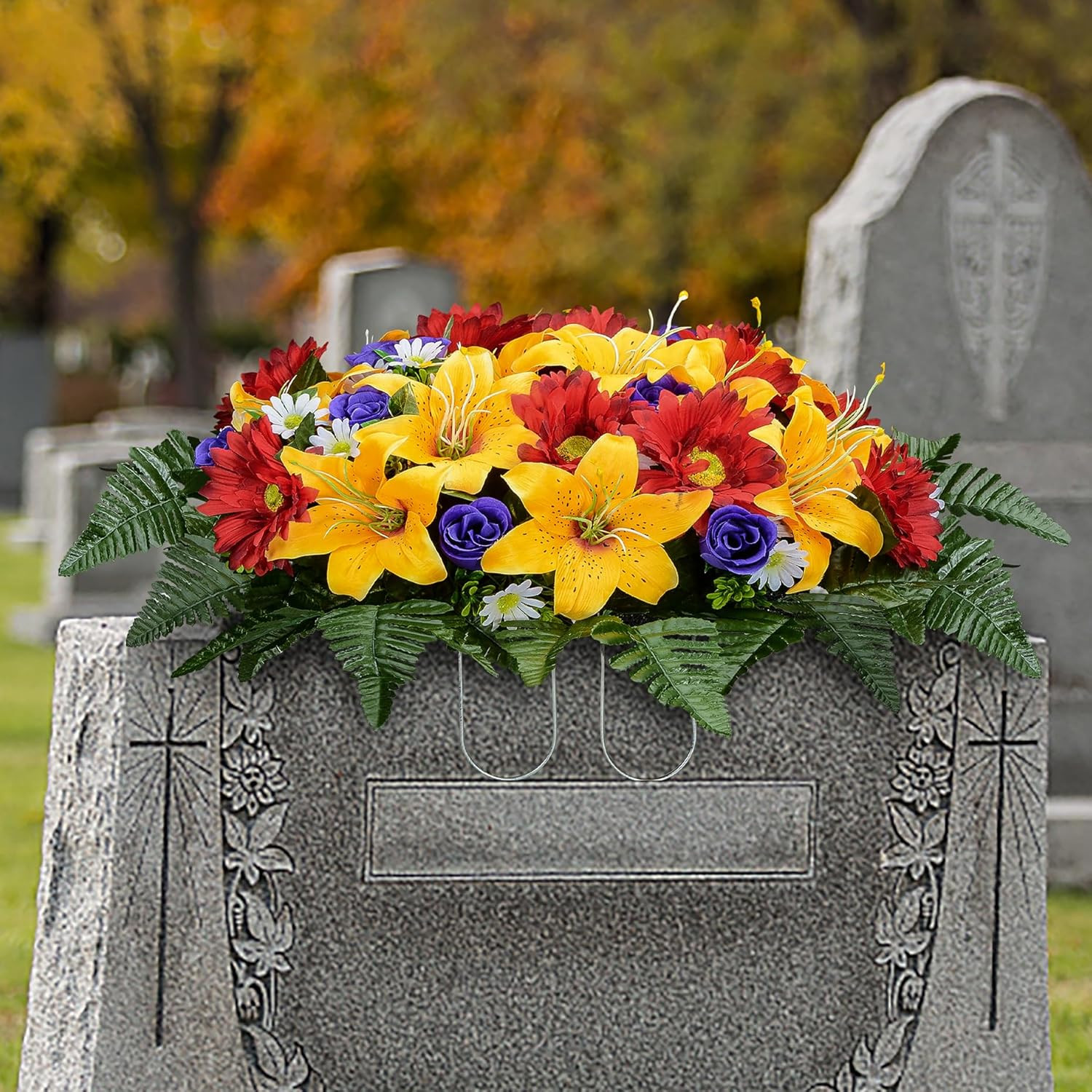 Artificial Cemetery Flower Saddles, Cemetery Memorial Flowers with Vase for Grav
