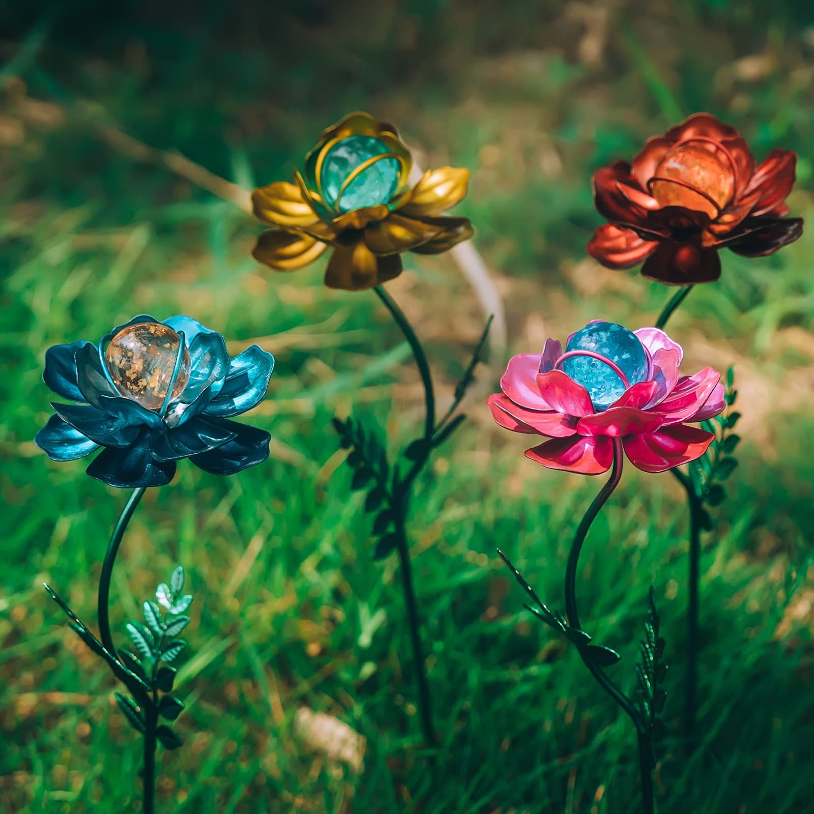 4 Pack Flower Garden Stakes Decor, 12.9 inch Metal Flowers Outdoor Decor Wate…