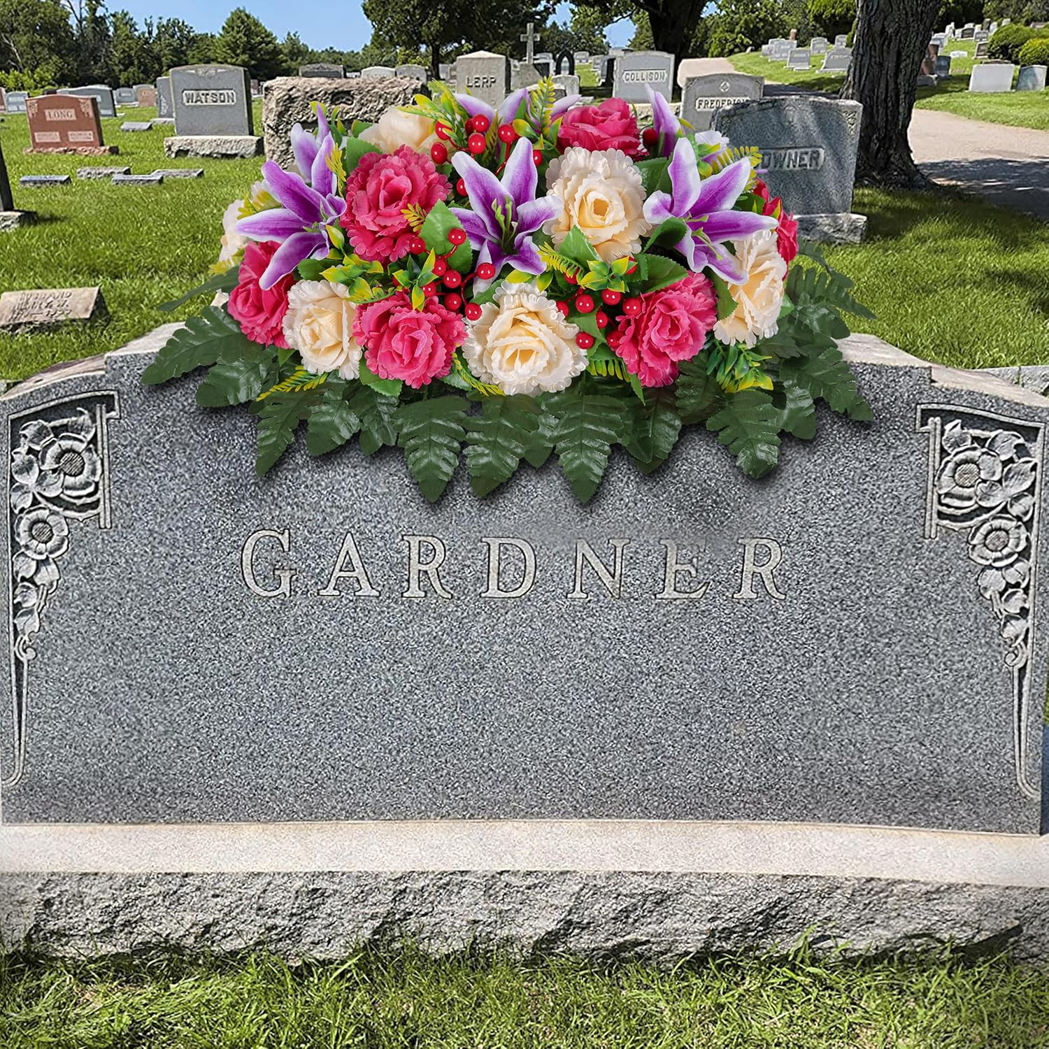 Cemetery Headstone Flower Saddle -Outdoor Grave Decorations Silk Rose and Lily