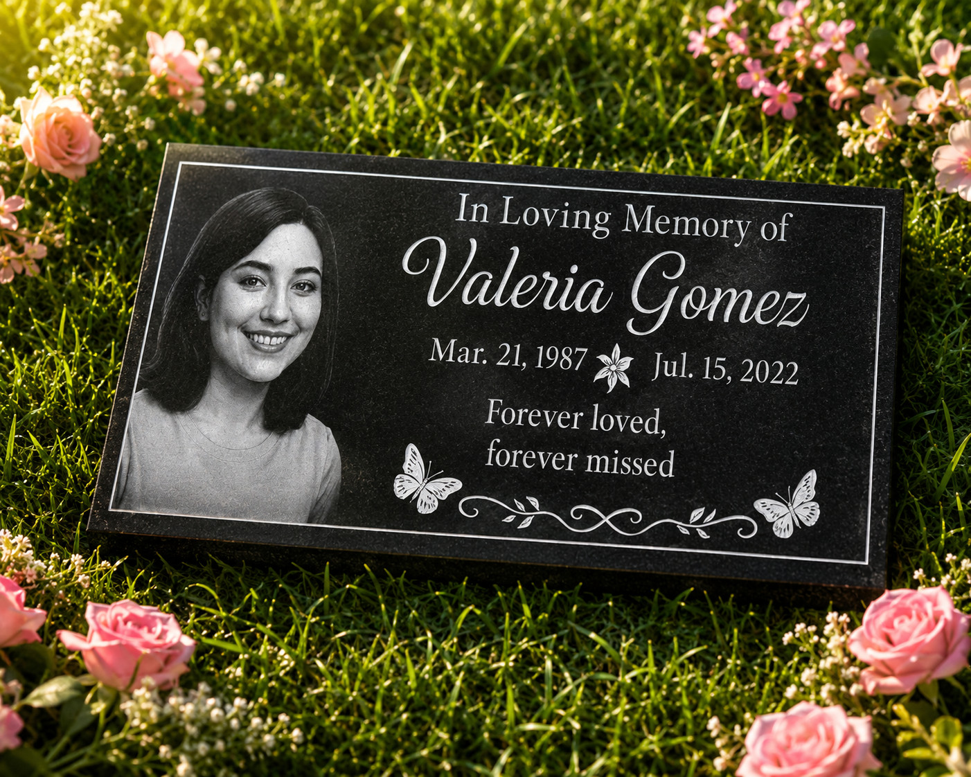 Custom Black Granite Memorial Grave Marker w/ Portrait & Butterflies