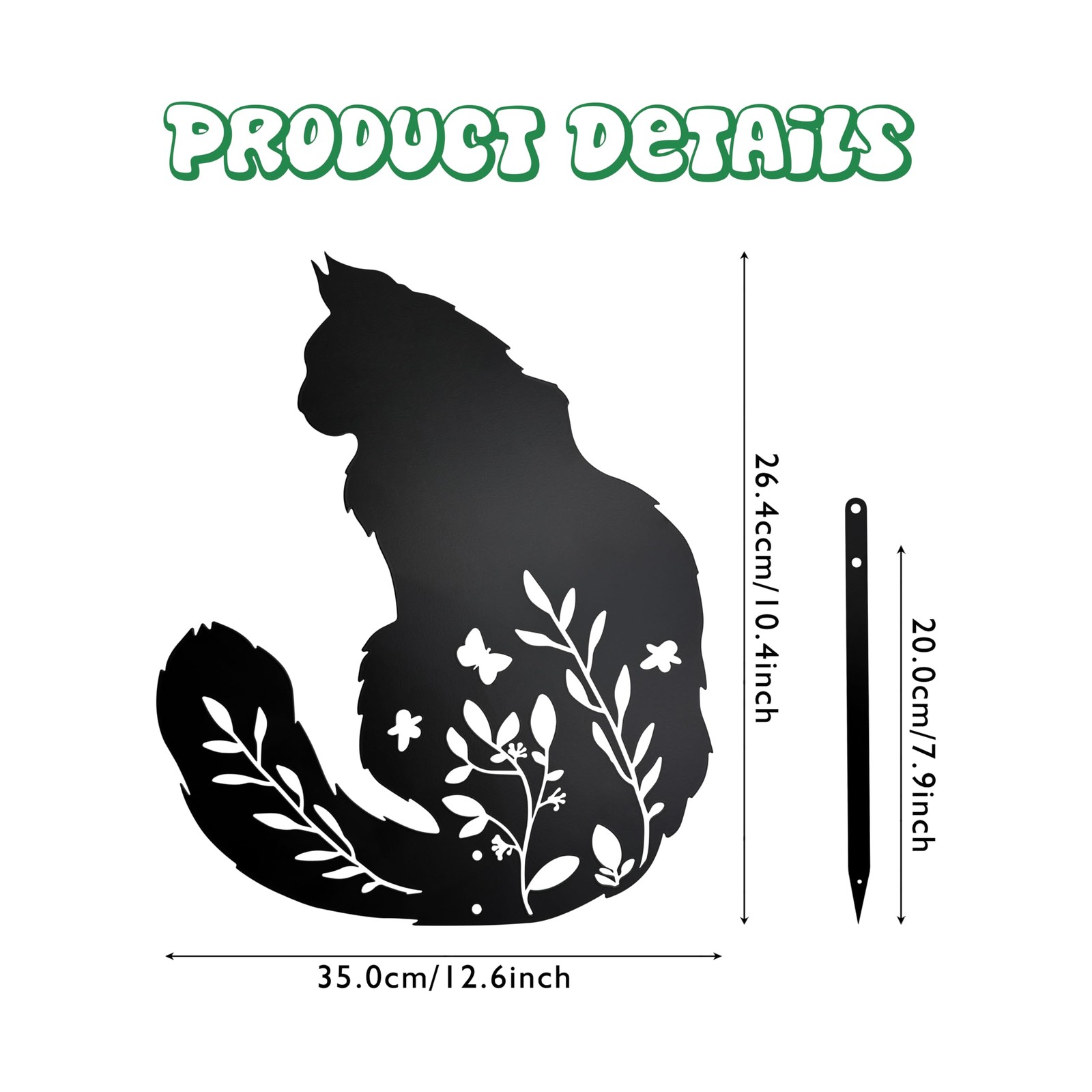 Maine Coon Cat Garden Stake – Elegant Black Cat Statue with Floral Design for…