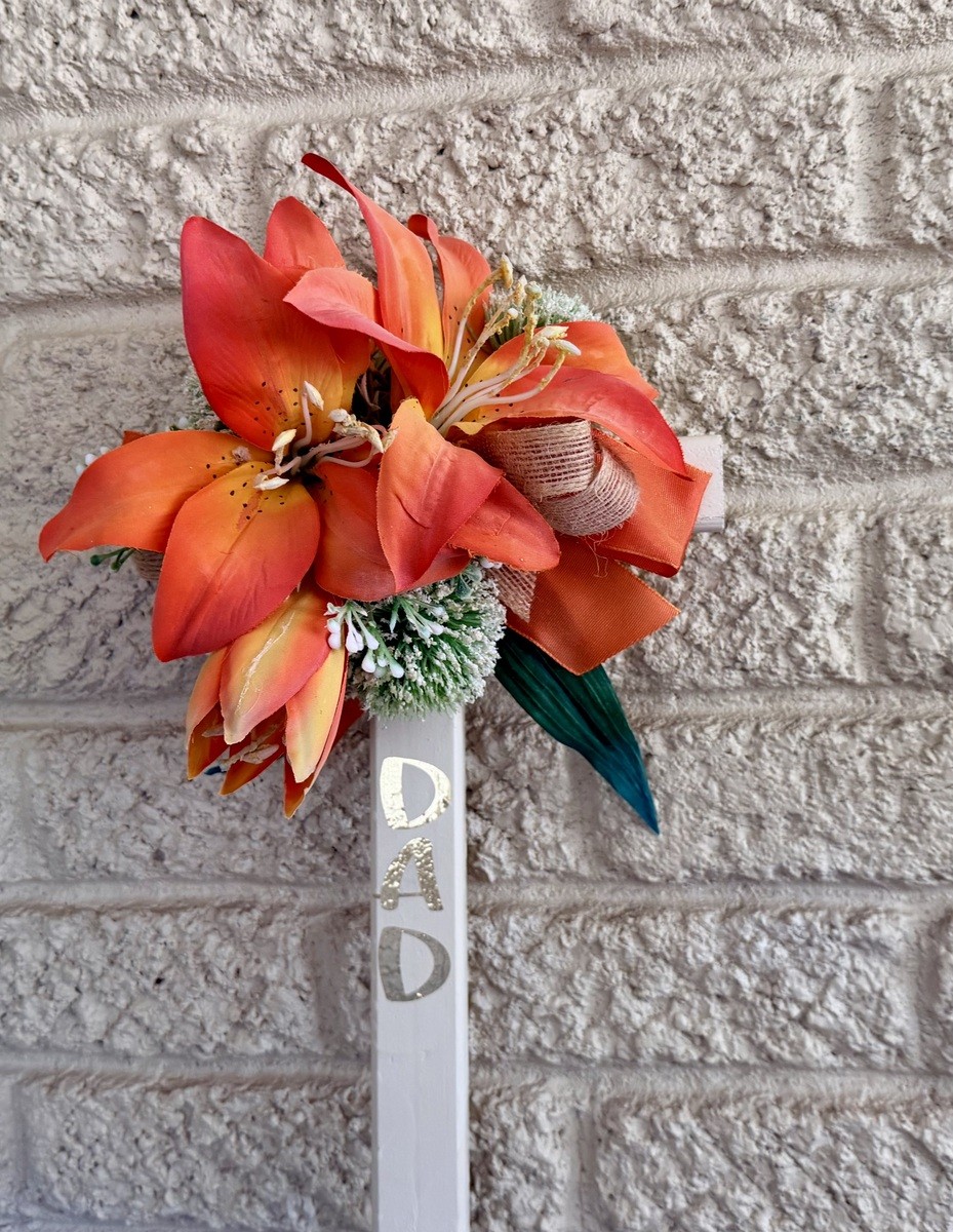 Cemetery flowers, cemetery decoration, lillies memorial flowers, Dad cross memor