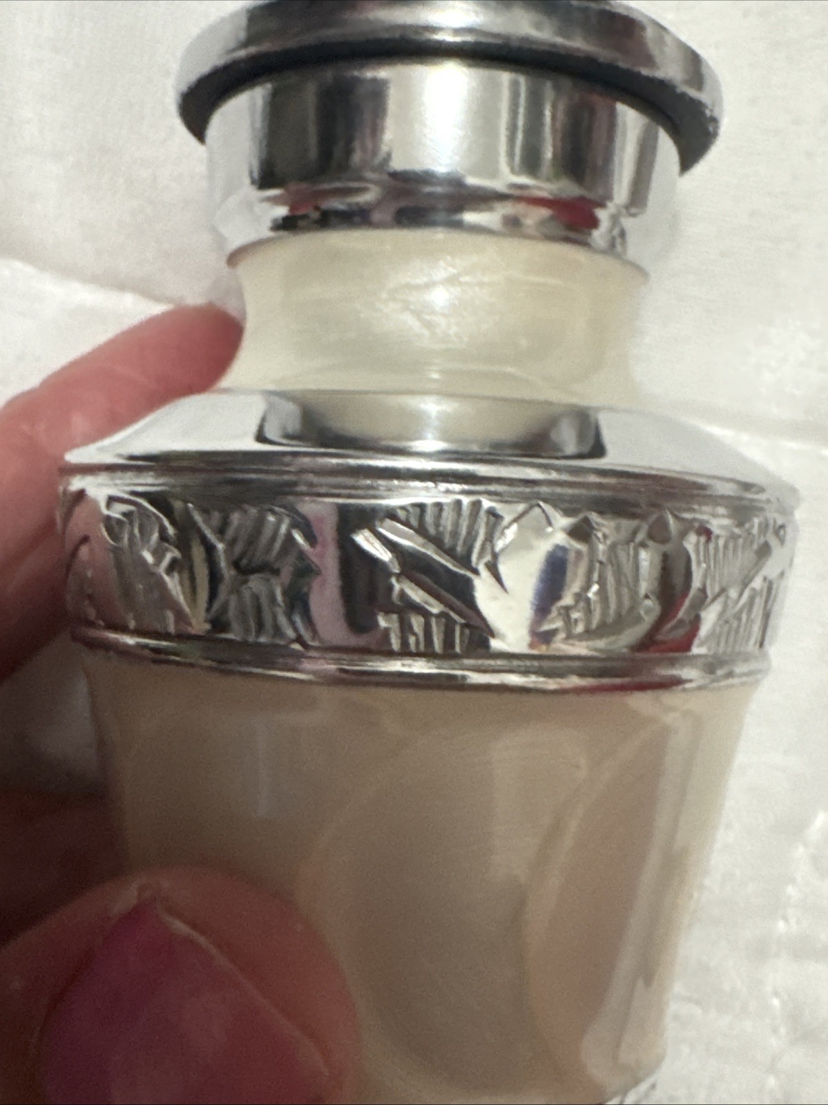 Silver and White Enamel Engraved Mini Keepsake Company Urn 3 inch NEW