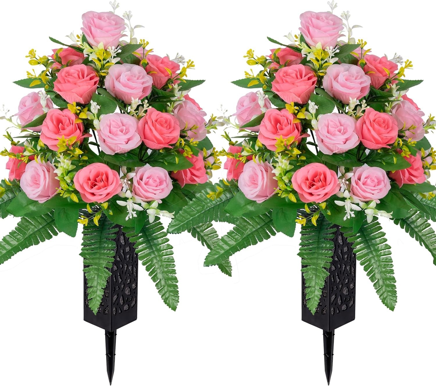 Weather Resistant Silk Roses – 2 Bouquets for Long-Lasting Cemetery Decorations