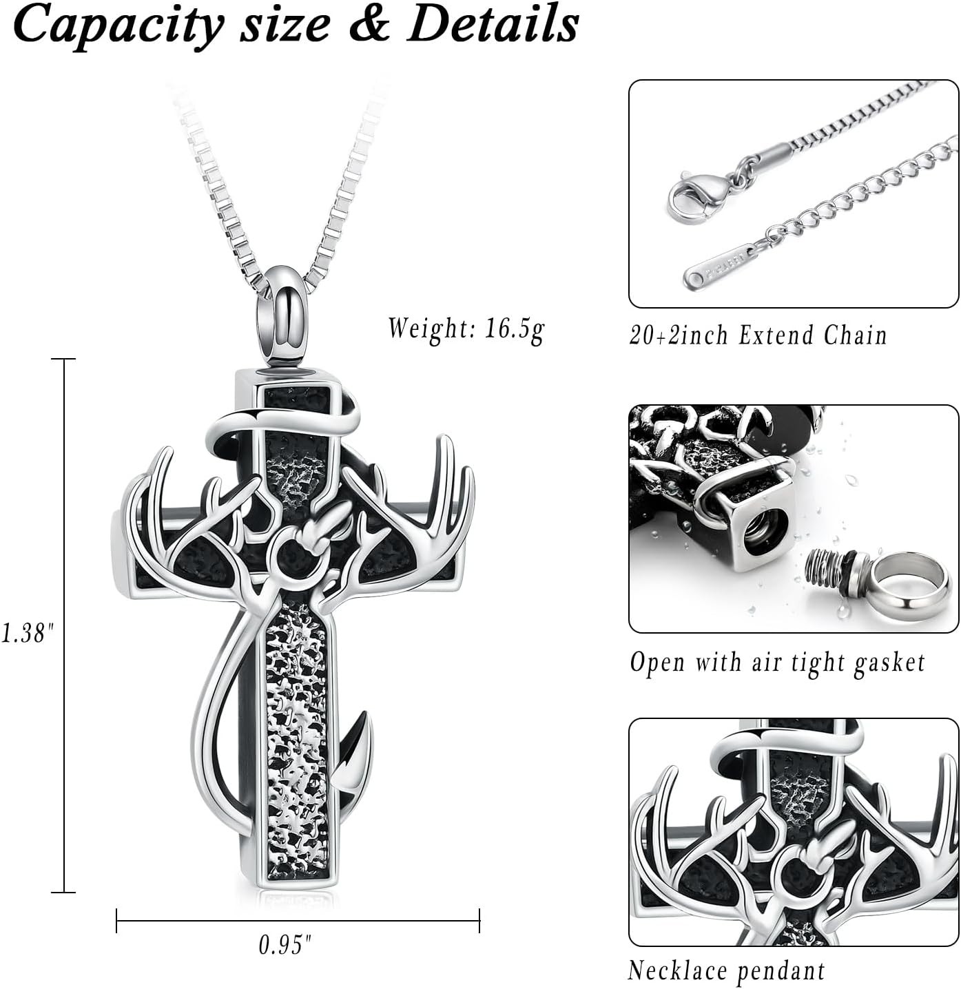 Deer Antler Cross Cremation Jewelry Urn Necklace for Ashes Men Women Ash Pendant