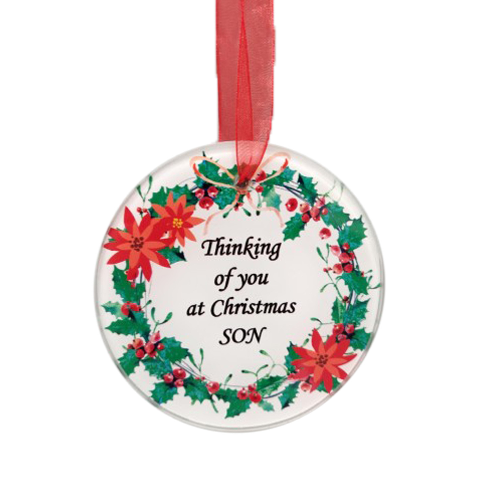 Wreath Design Round Glass Memorial Christmas Tree Hanger – Son