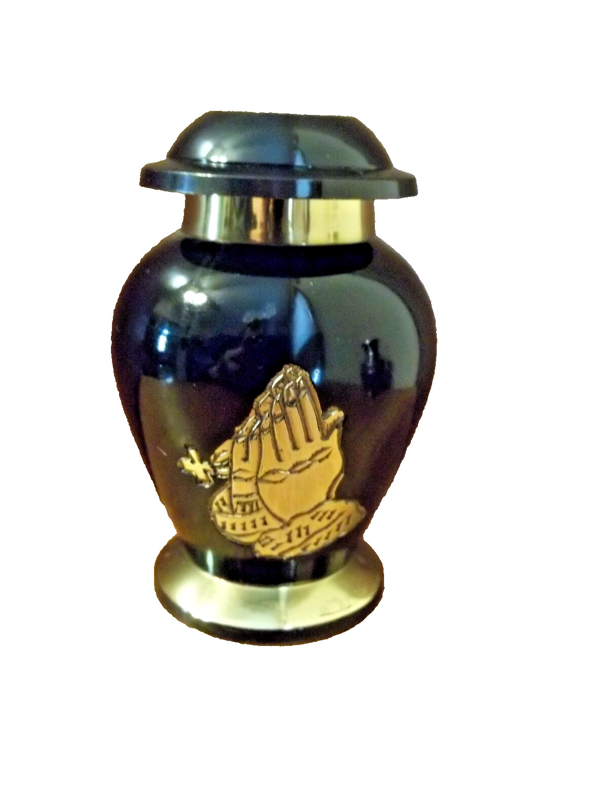 Pretty Brass Keepsake Mini Token Urn~Black w/Gold Praying Hands/Rosary~Imperfect