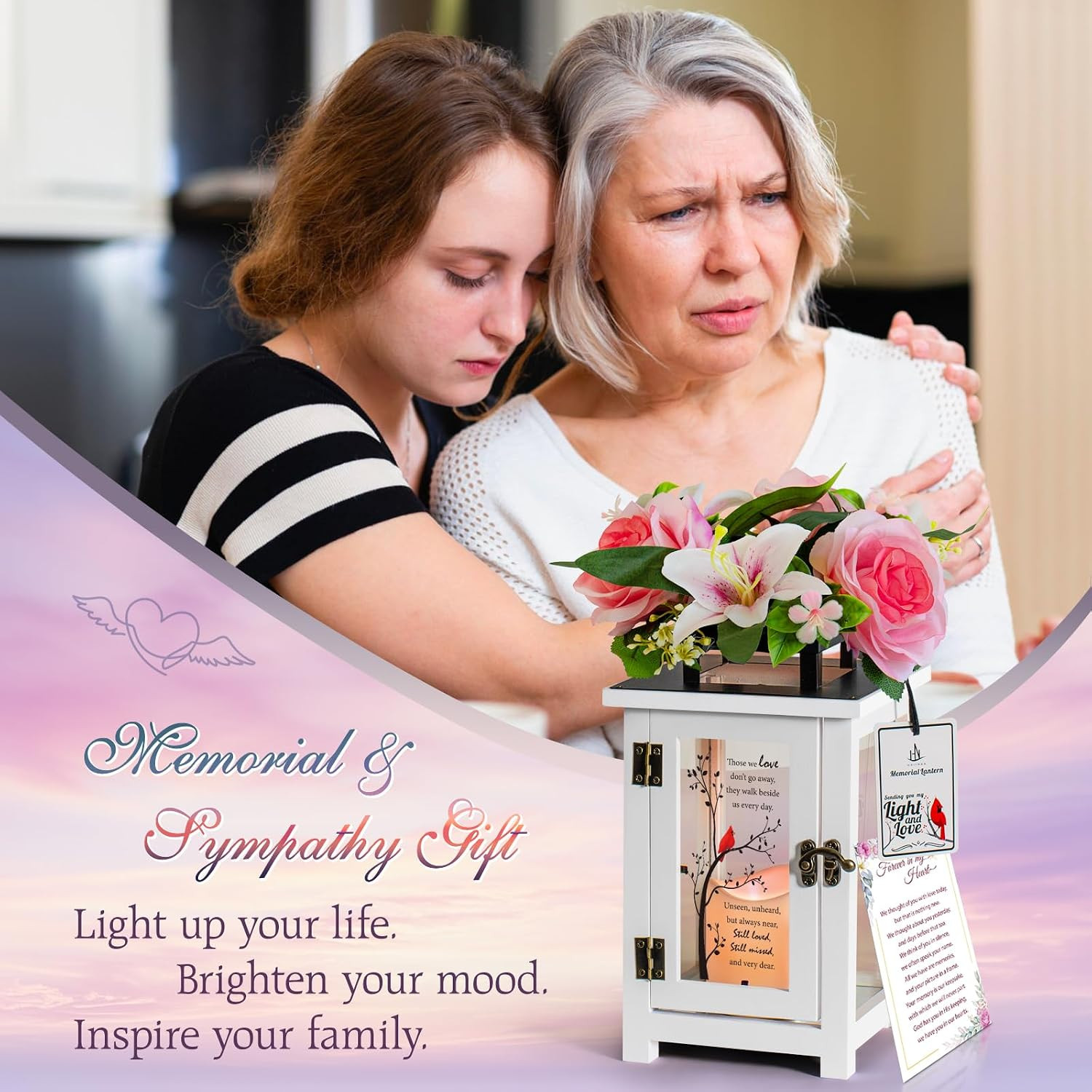 Memorial Lantern with Sympathy Lily Rose Flowers, Sympathy Lantern Bereavement G