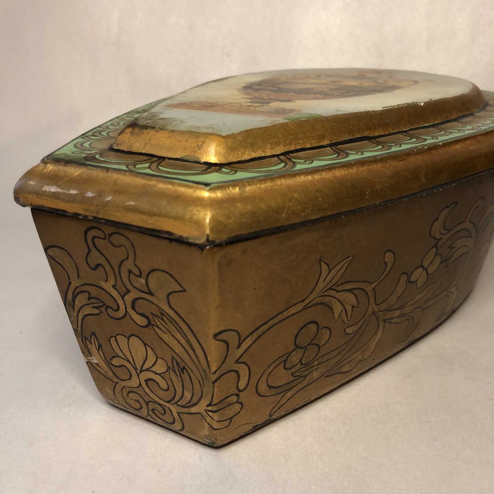 Vintage Oriental Hand Painted Gold Wooden Urn Box Cremation Fits 9x5x3” Inside