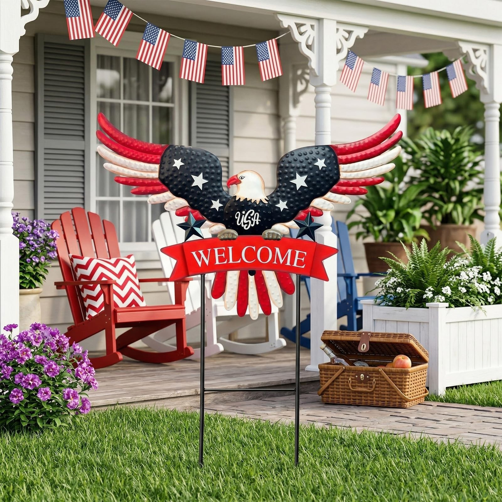 Patriotic Eagle Welcome Garden Stake Metal Red White Blue Yard Art