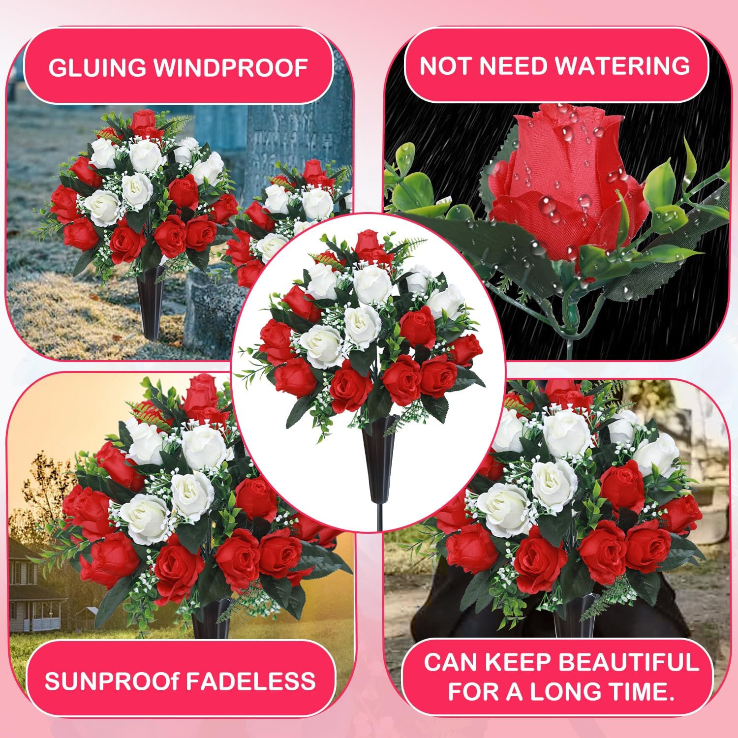 Set of 2 Artificial Cemetery Flowers, Memorial Flowers Bouquet,Grave Memorial Fl