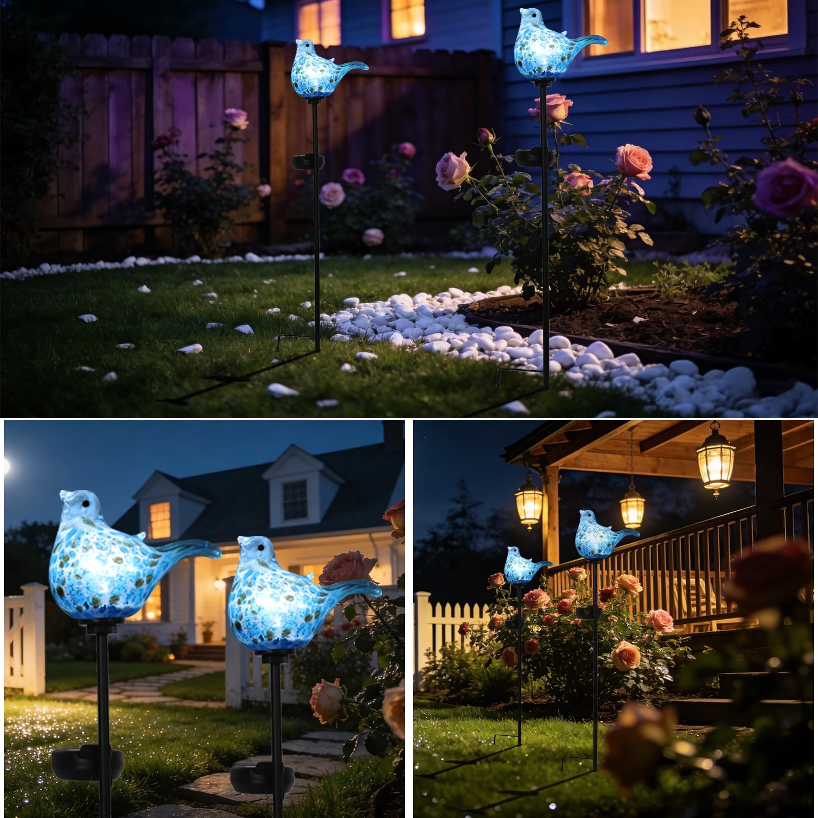 Solar Garden Lights Outdoor Blue Bird Hand-Blown Glass Solar Stake Lights Wat…