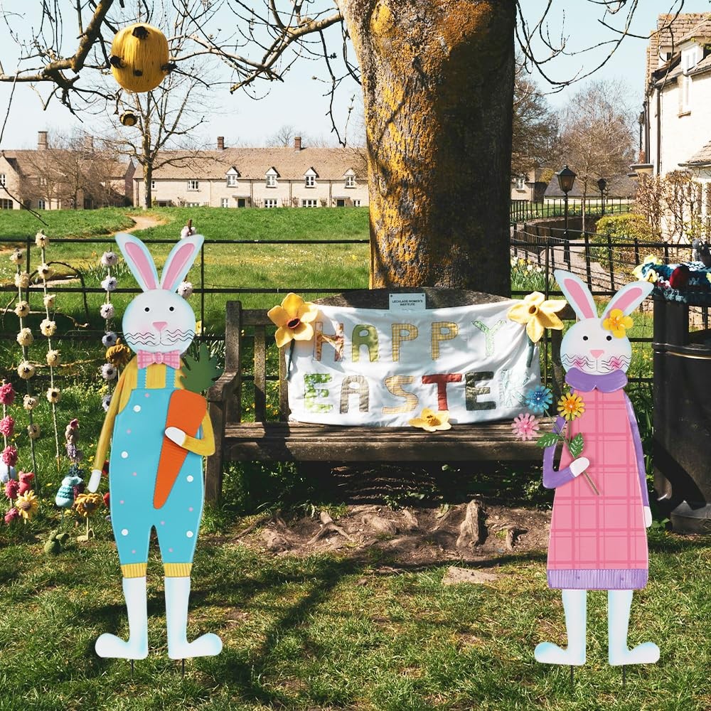 Easter Decorations Outdoor, Set of 2 Metal Bunny Decorative Garden Stakes for…