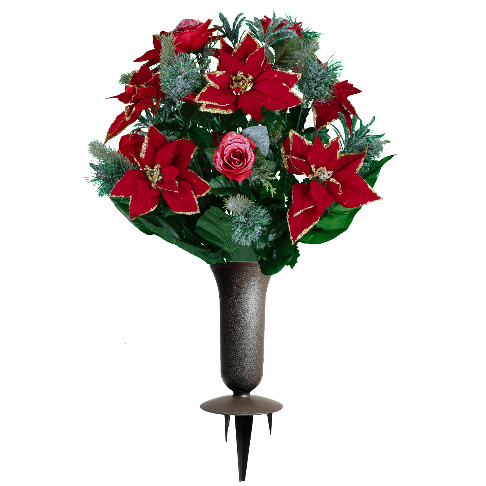 Artificial Flowers- Red Poinsettias, Roses, Glitter & Frosted Branches with Vase