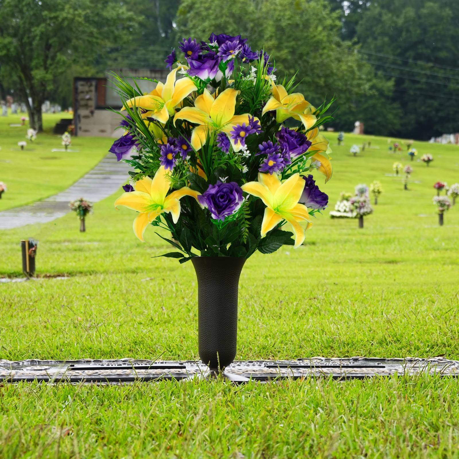 Artificial Cemetery Flowers- Yellow Lily with Purple Rose and Daisies with Vase