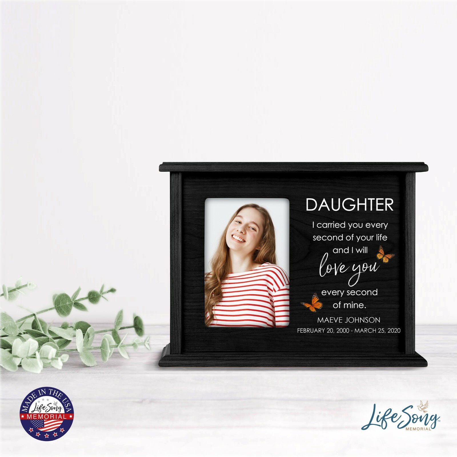 Custom Cremation Urn Box Holds 200 cu in with 4×6 Photo – Daughter