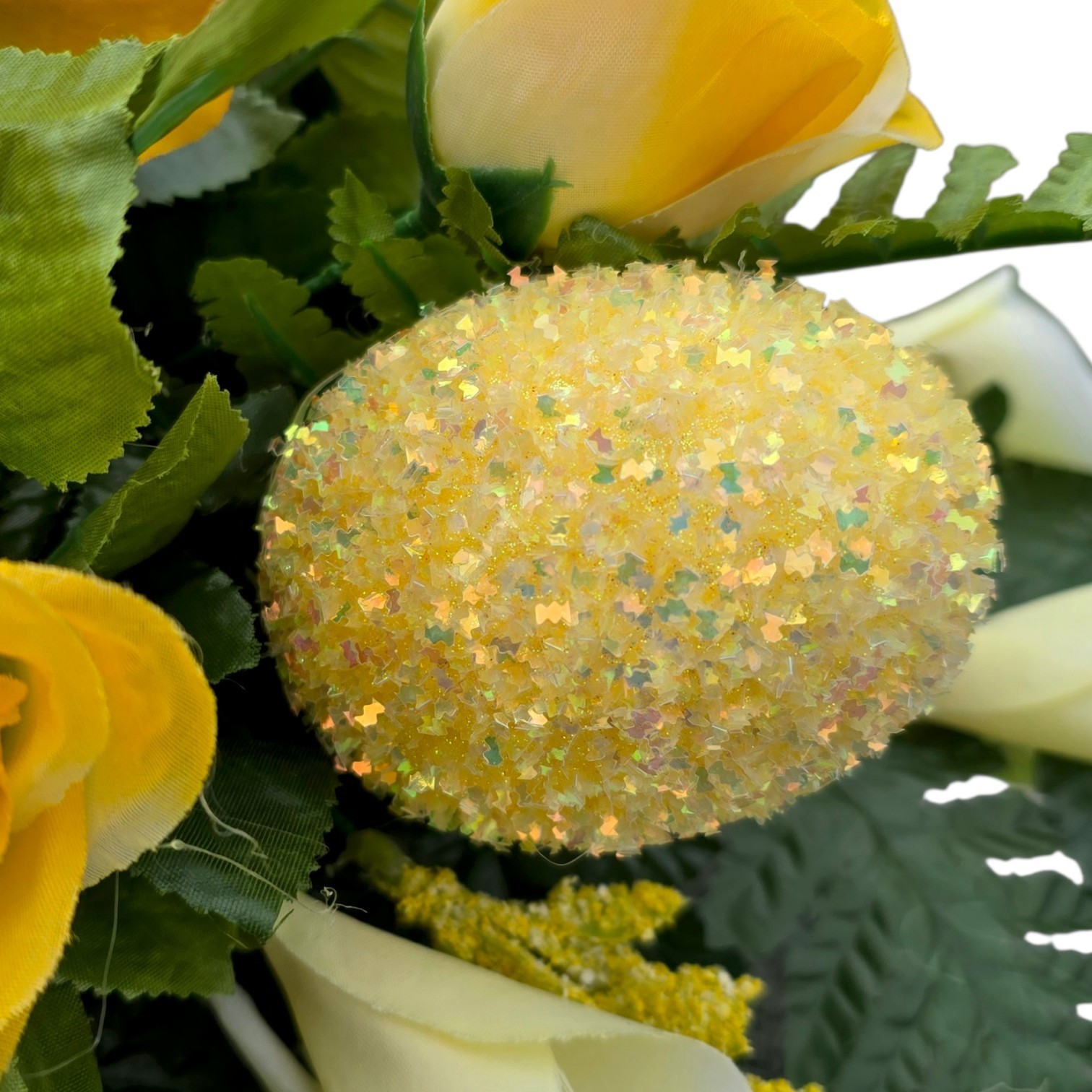 EASTER HEADSTONE SADDLE, YELLOW GRAVE FLOWERS WITH BUNNIES AND EASTER EGGS