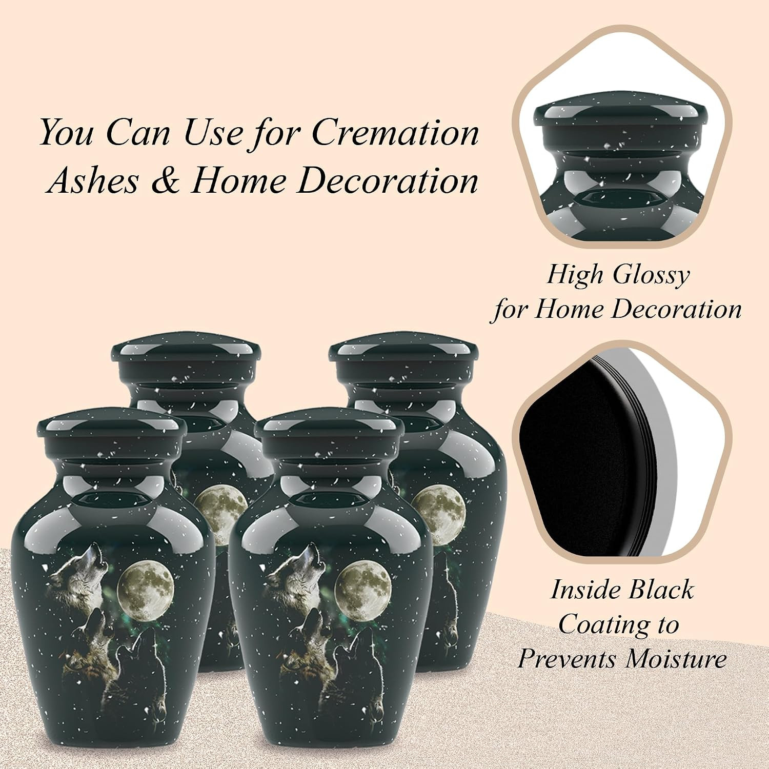 Forever URNS Mini Cremation Funeral Urn with Classic 3 Wolfes Pictured Theme for