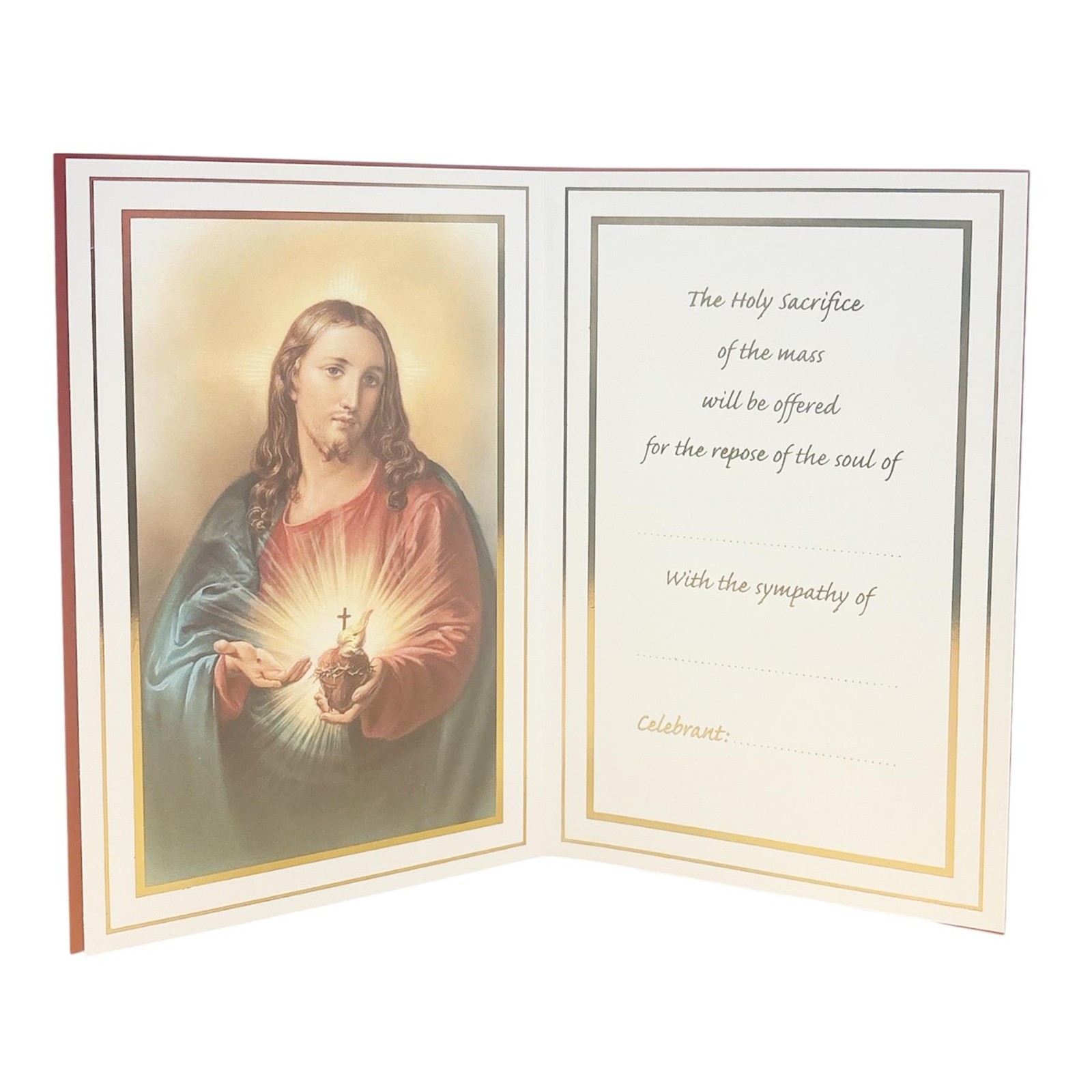 Catholic Mass Card and Envelope In Loving Memory Red with Sacred Heart of Jesus