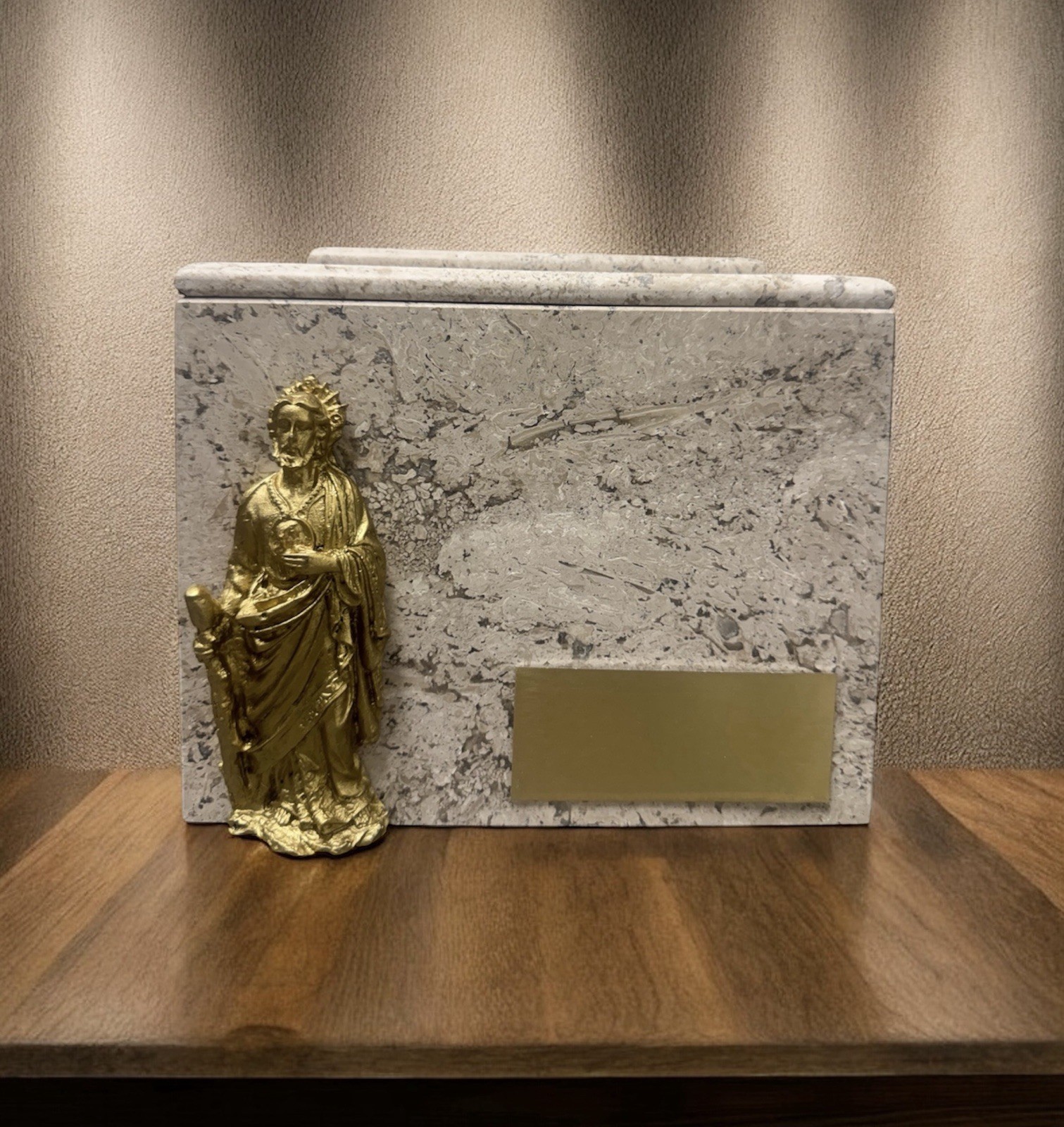 Elegant Marble Urn With Golden Saint Figure. Memorial Cremation Urn For Ashes
