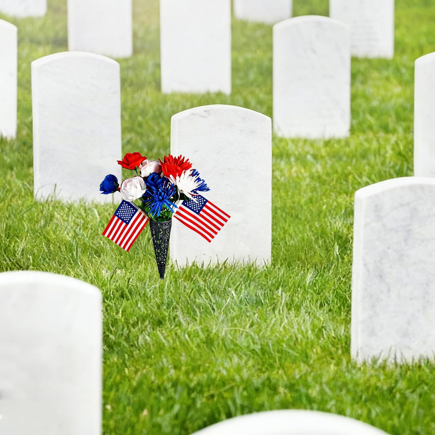 6PCS Memorial Day Grave Decorations, 4 Bunches Red White Blue Cemetery Artificia