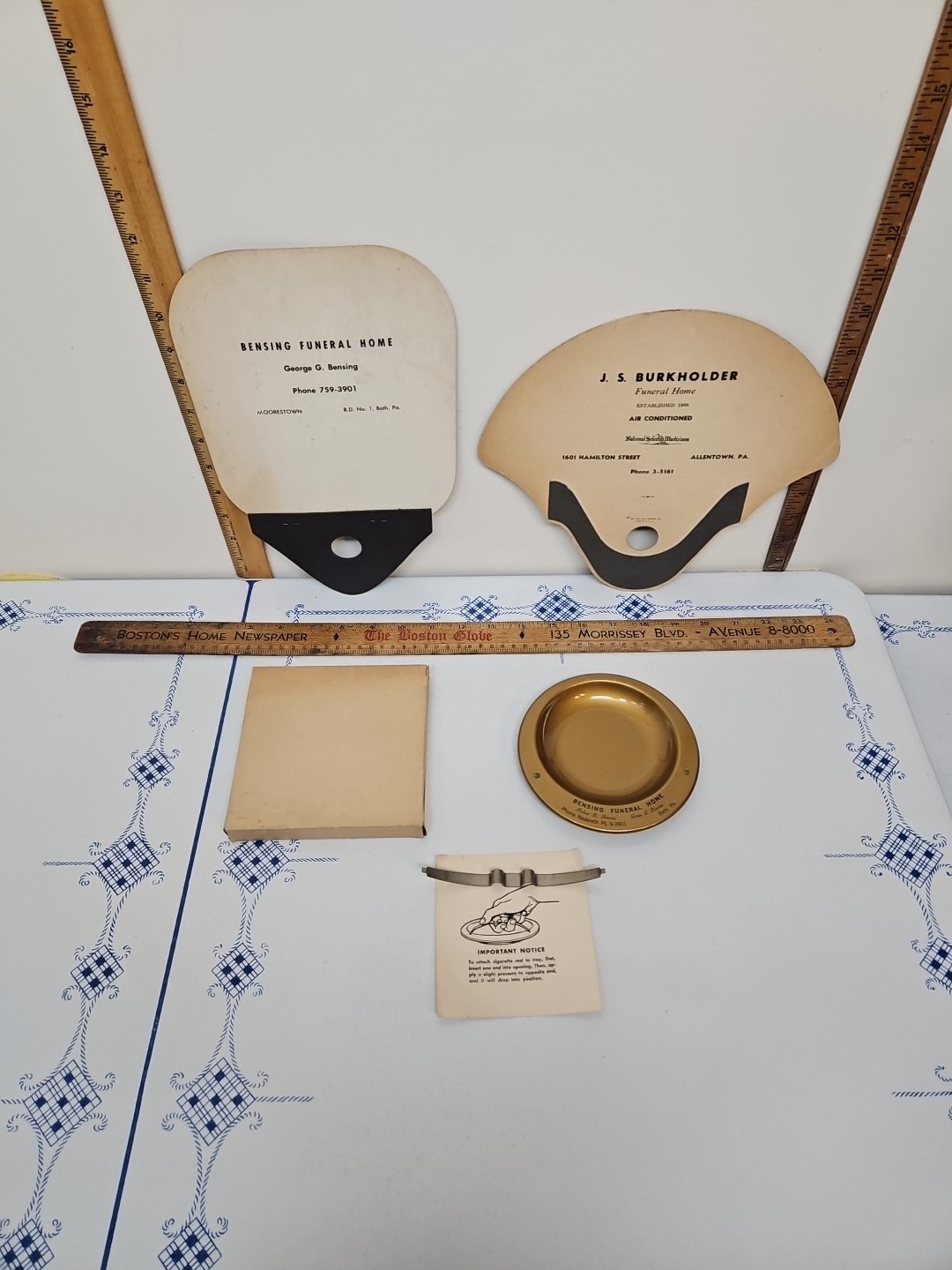 FUNERAL HOME Advertising ASHTRAY-N.O.S And 2~Two Kool Hand PAPER FANS Exc. Cond.