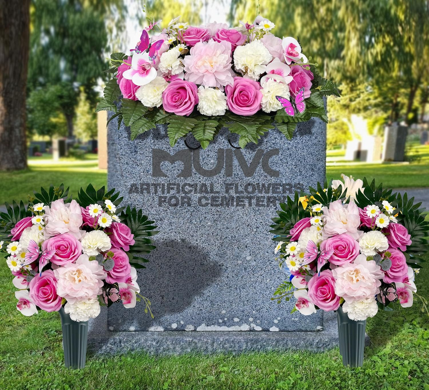 Silk Cemetery Flowers for Graveside Decor – Long-Lasting Pink/White Arrangement