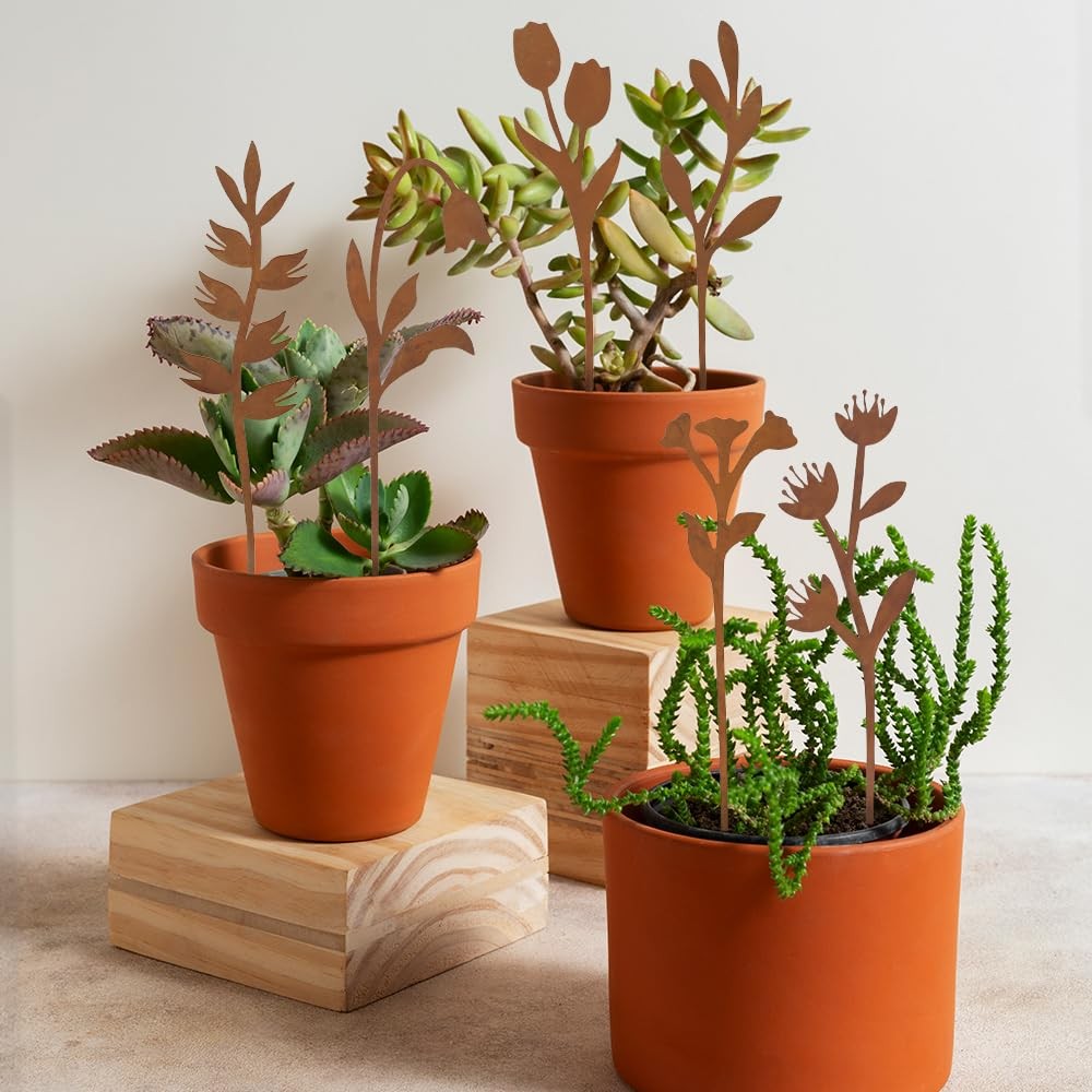 6 Pc Rusty Metal Flower Garden Stakes Fern Leaf Rustic Outdoor Yard Decor