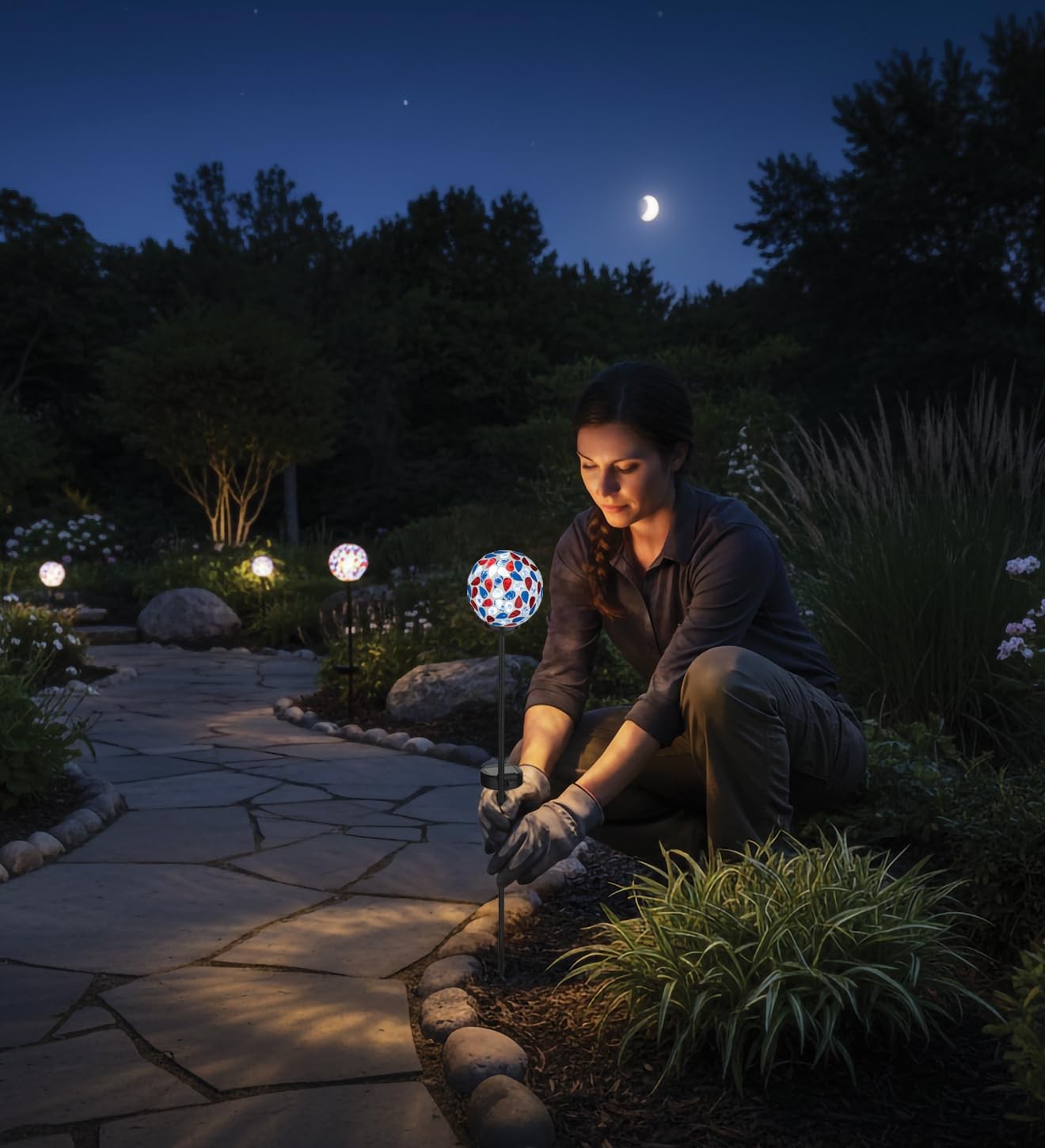 Americana Mosaic Solar Stake Set of 2, Patriotic Outdoor Garden Lighting, Wea…