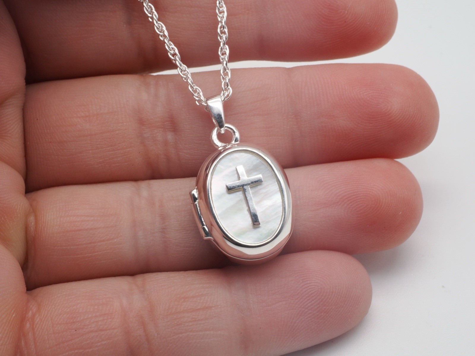 Oval Cross Locket Necklace 925 Silver Pendant Mop Stone Cremation Keepsake