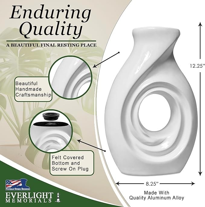 Modern Adult Cremation Urn for Human Ashes, Secure Closure, 12.2″Hx8.2″W, White