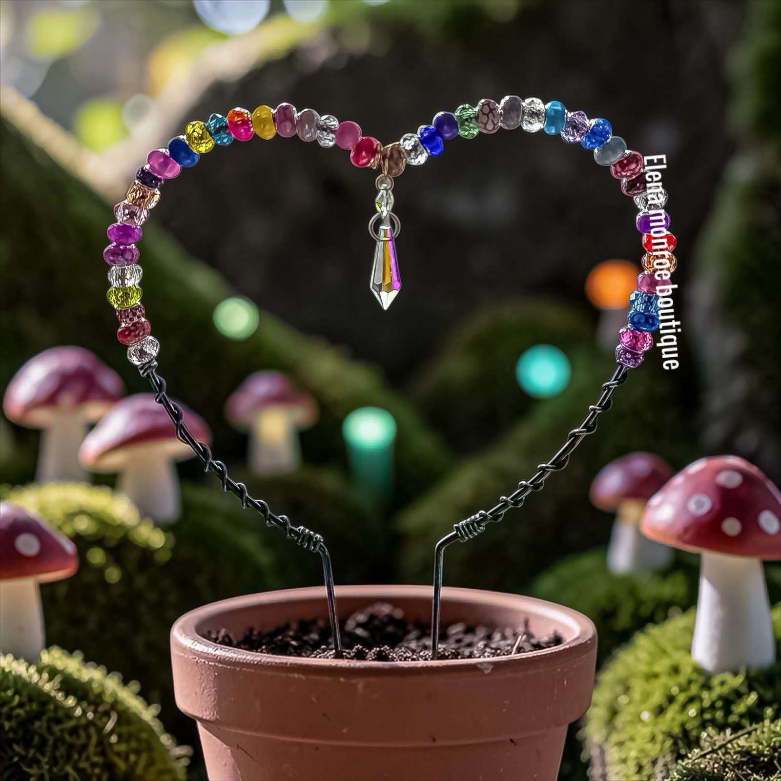 Elena Monroe Boutique Multicolor Glass Bead Heart Fairy Garden Stake Outdoor