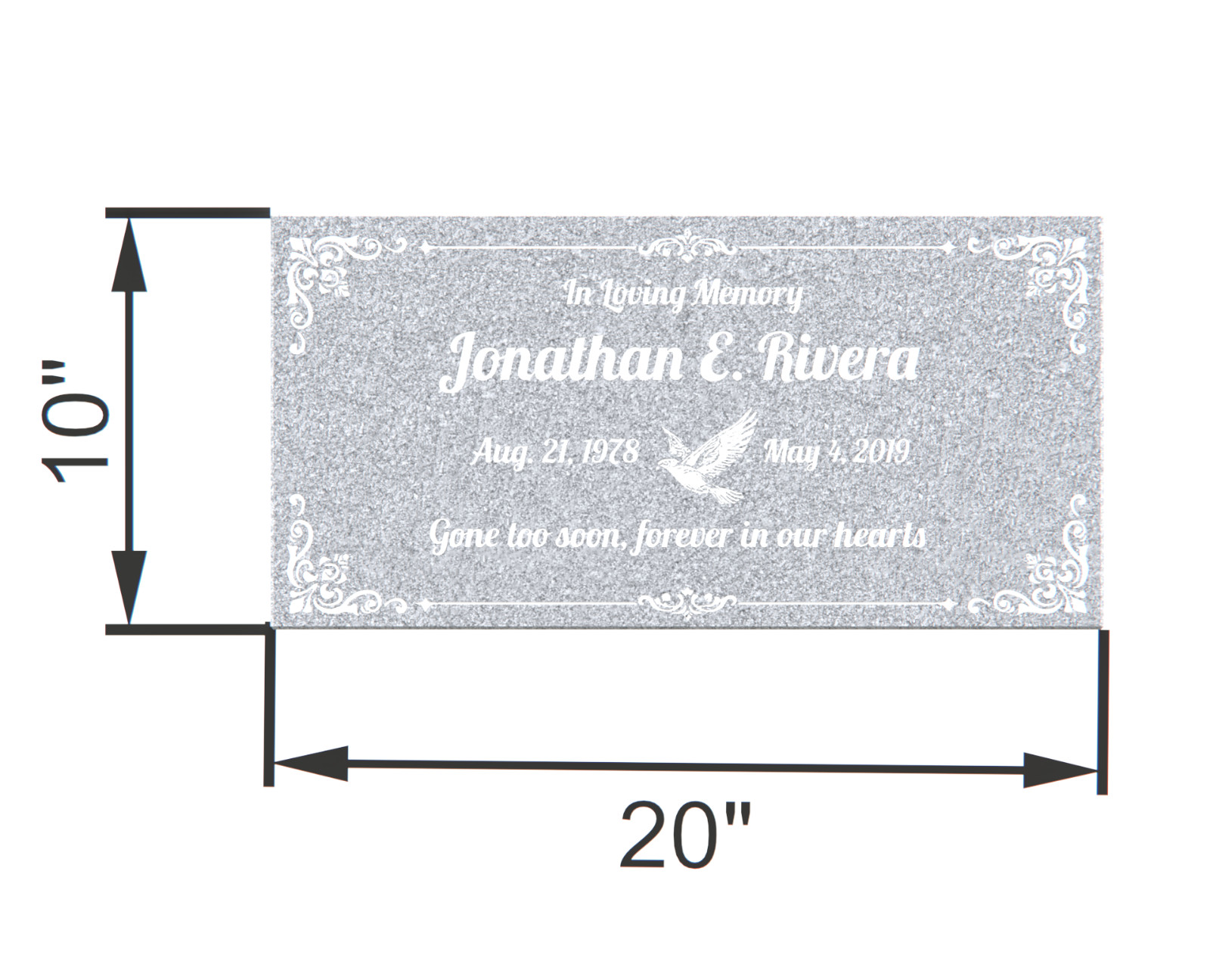 20x10x3 Gray Granite Flat Marker – Custom Engraved Cemetery Headstone with Dove