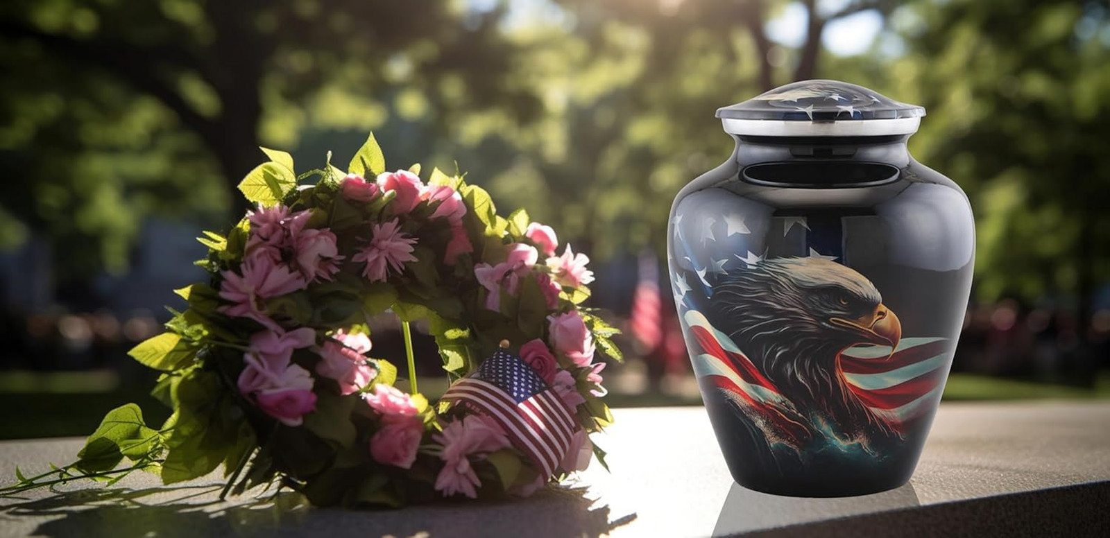 Patriotic American Honor Urn with Flag & Eagle – Large Veteran Memorial Urn
