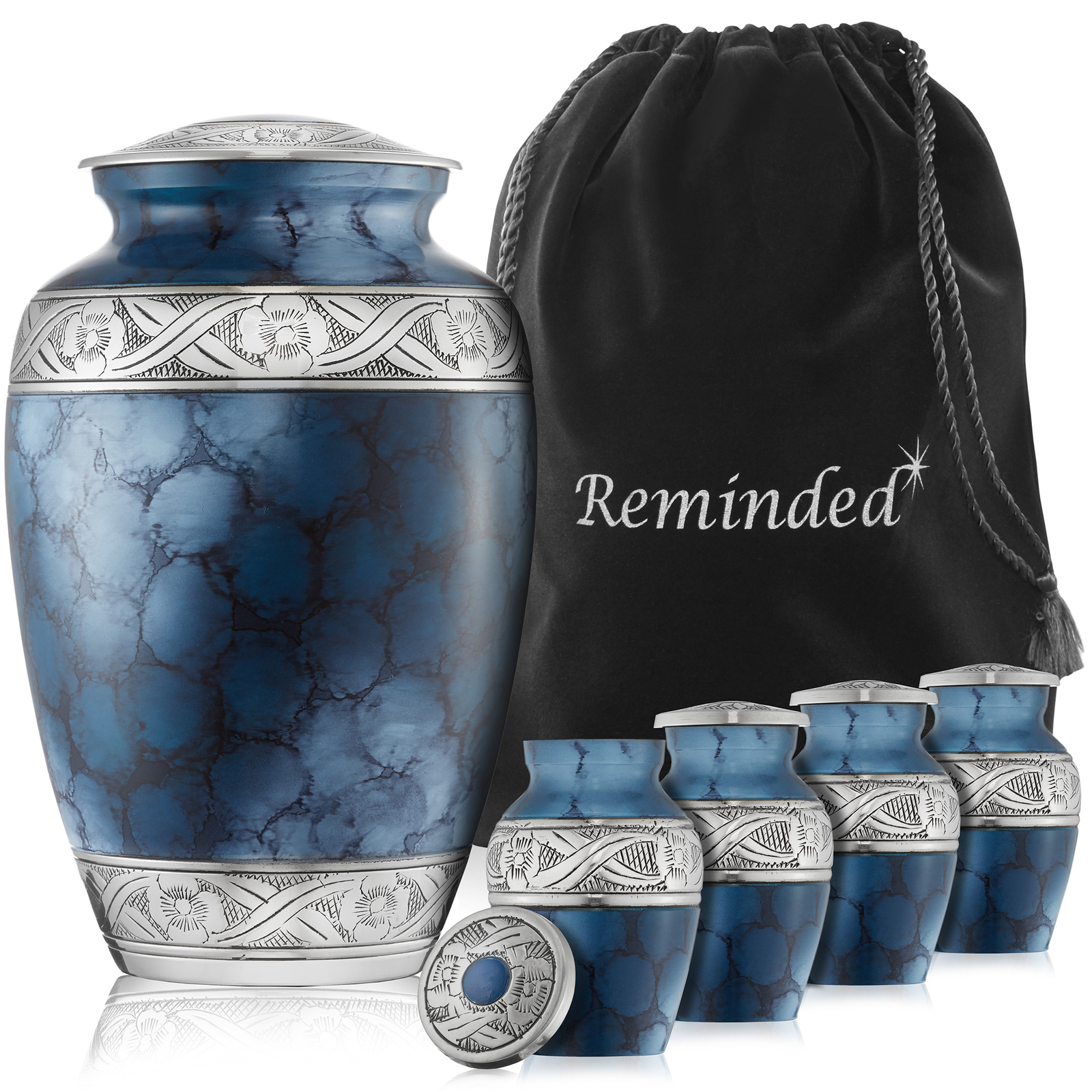 Set of 5 Decorative Cremation Urns for Human Ashes – 1 Adult + 4 Keepsake, Blue