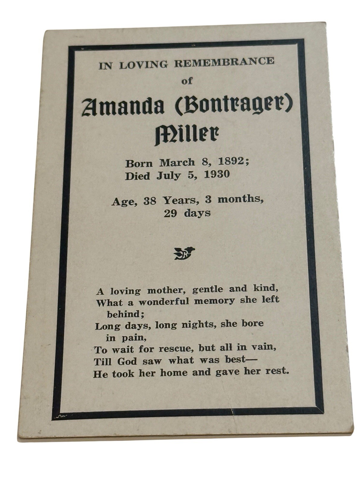 Antique 1930 Funeral Memorial Card Amanda Miller Bontrager Death Remembrance