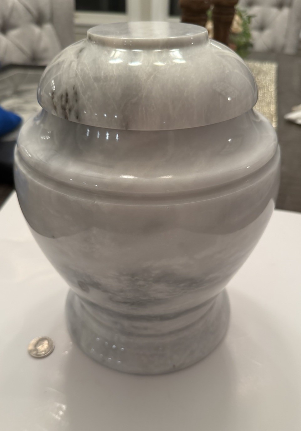 White Imperial Marble Urn With Lid Handcrafted Single Block Gray Streaks Heavy!