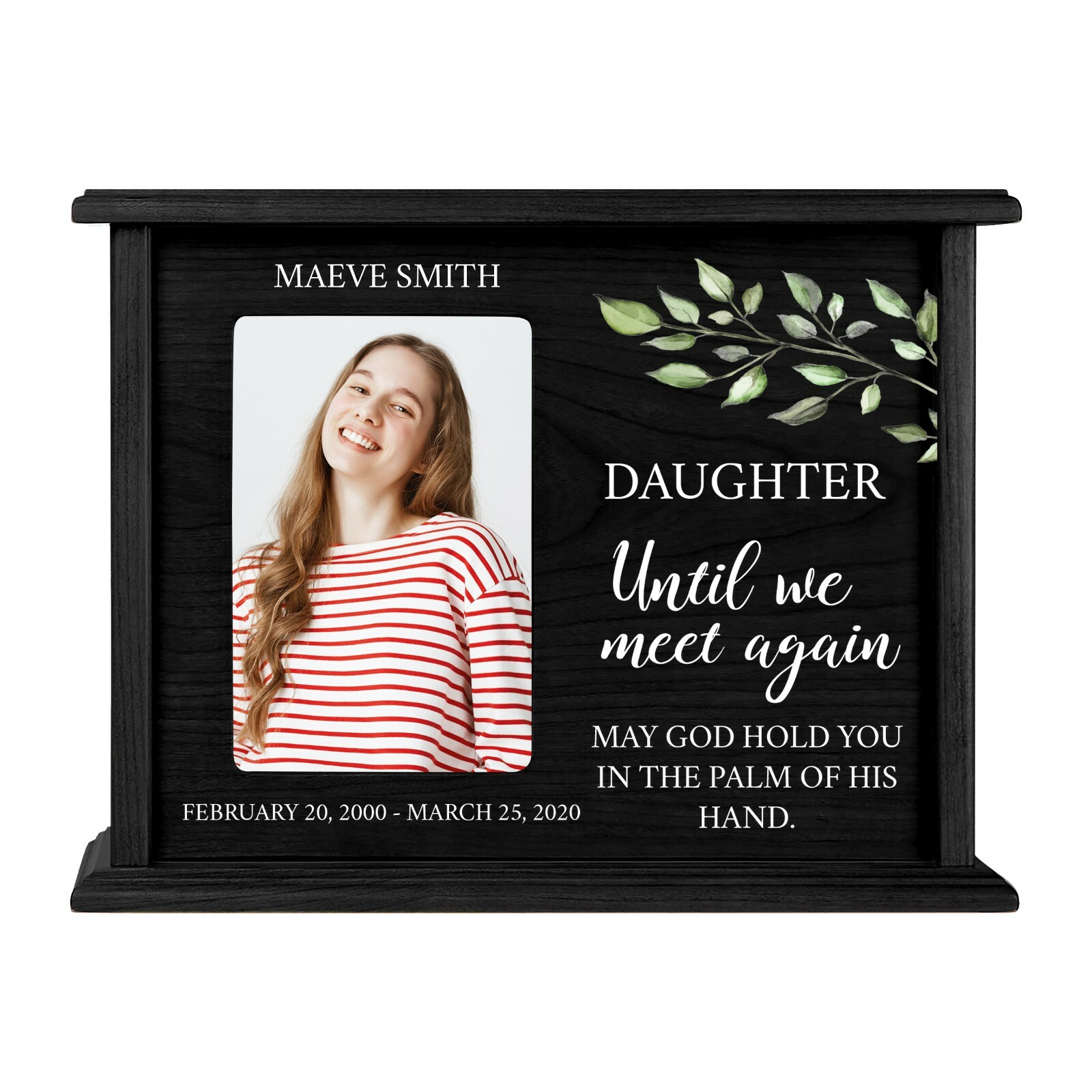 Custom Cremation Urn Box Holds 200 cu in w/ 4×6 Photo – Until We Meet (Daughter)