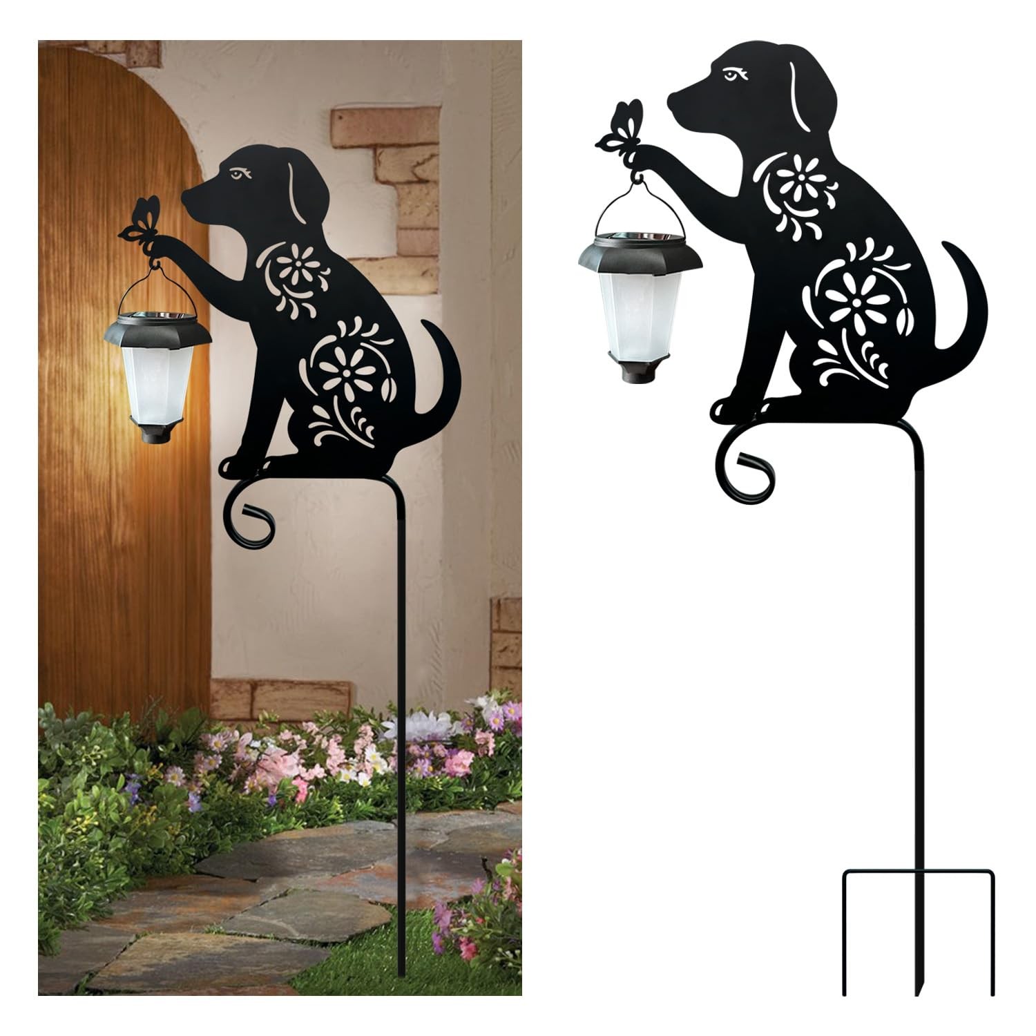 Solar Lantern Dog Garden Stakes – Outdoor Metal Decor for Lawns & Yards