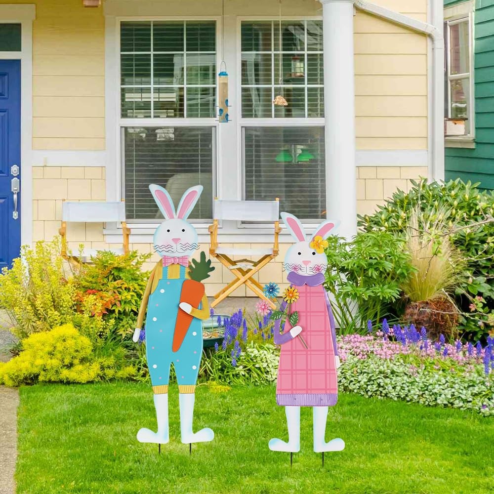 Easter Decorations Outdoor, Set of 2 Metal Bunny Decorative Garden Stakes for…