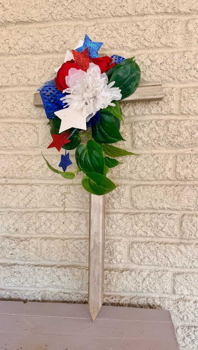 Cemetery Cross Decoration, Red White Blue Floral Memorial Grave Arrangement 24”