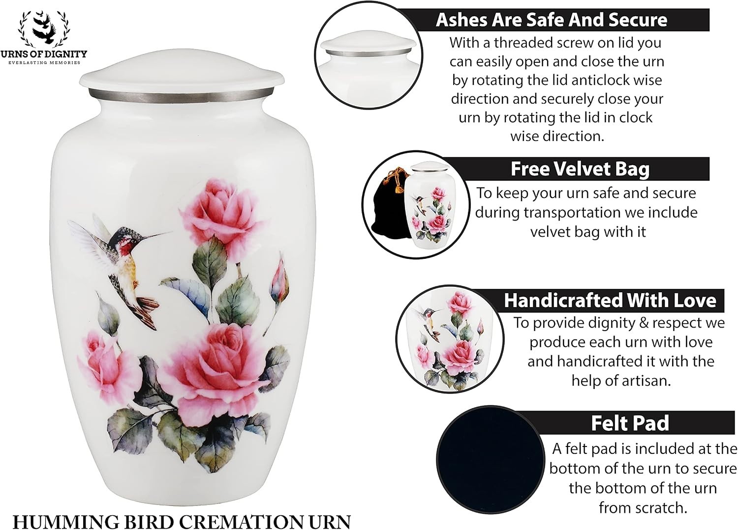 Pink Rose Humming Bird Adult Cremation Urns for Human Ashes – Decorative Urn