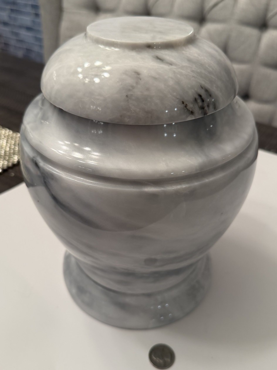 White Imperial Marble Urn With Lid Handcrafted Single Block Gray Streaks Heavy!