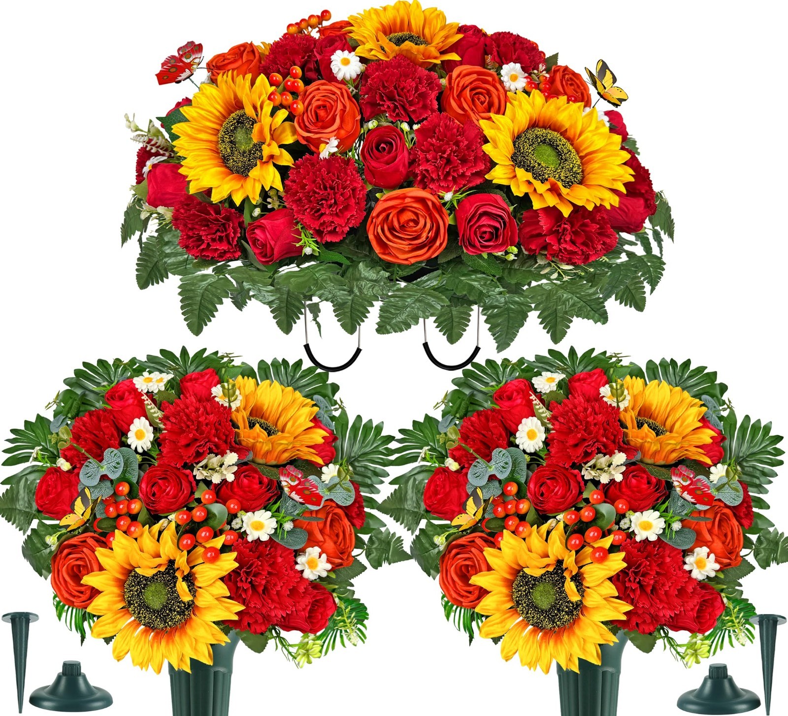 Cemetery Flowers with Grave Vase & Headstone Saddle – Red Sunflower, Rose, Daisy