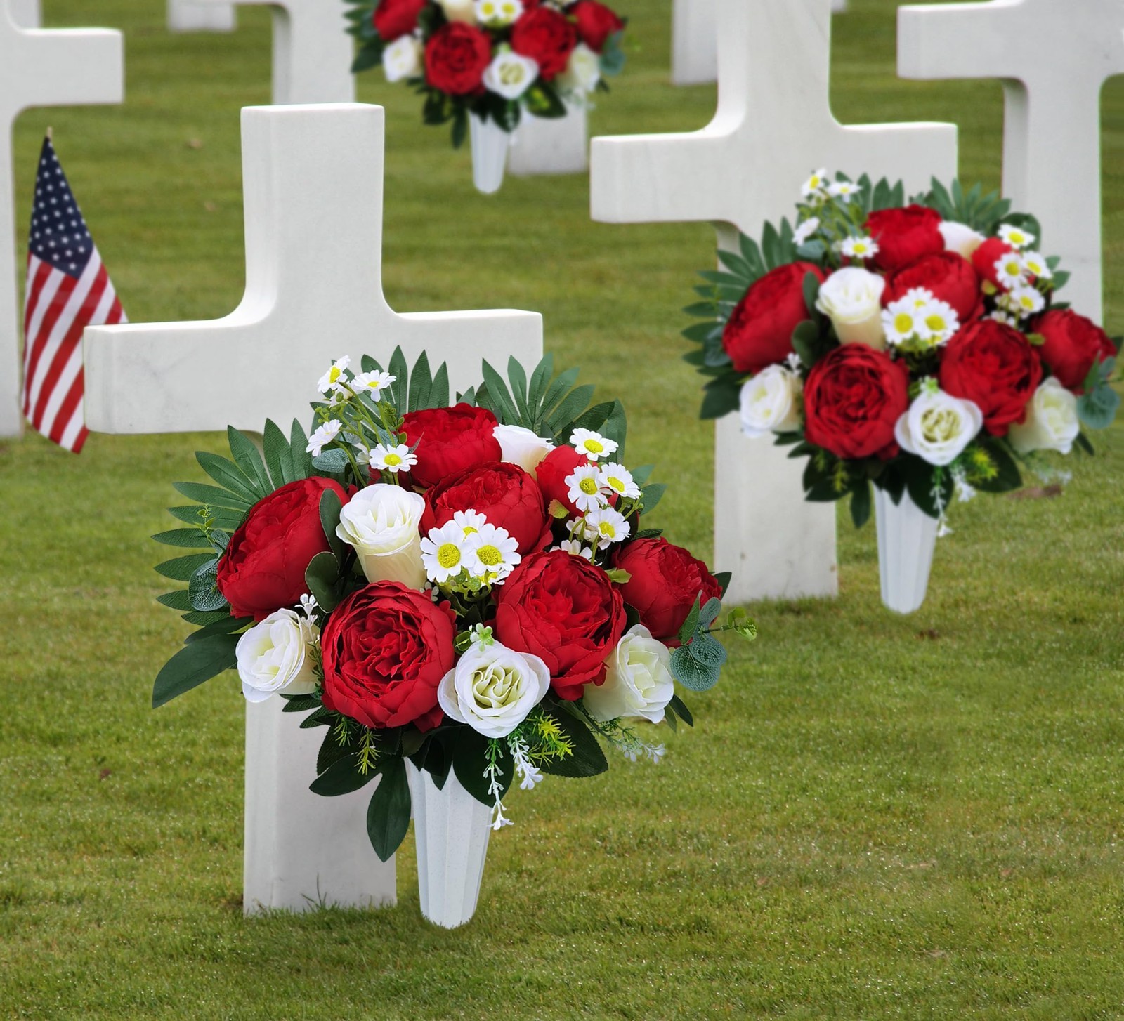 Cemetery Artificial Flowers with Vase – Memorial Bouquet, Weather Resistant Red