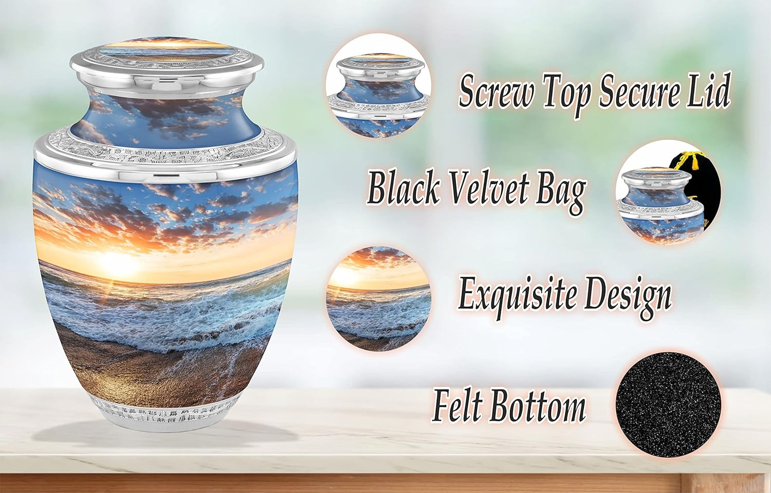 Seashore Sunset Cremation Urn – Handcrafted Adult Ashes Urn with Velvet Bag